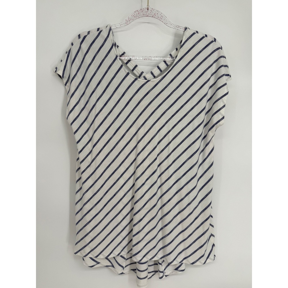 Chicos Womens White Blue Striped Criss Cross Back Knit Top Short Sleeve Sz‎ 1/M